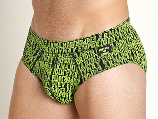 Model in blue solid/lime Emporio Armani All Over Bold Logo Brief