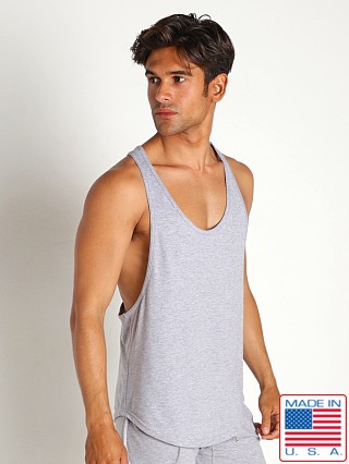 Model in heather grey Go Softwear California Bliss Y-Back Muscle Tank Top