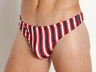 Model in navy/red stripe Jack Adams Bondi Swim Thong