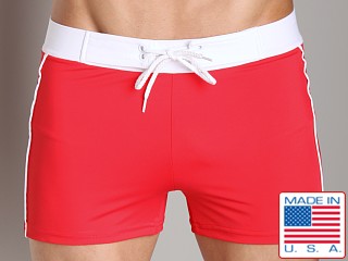 Model in red Sauvage Retro Nylon/Lycra Swim Short