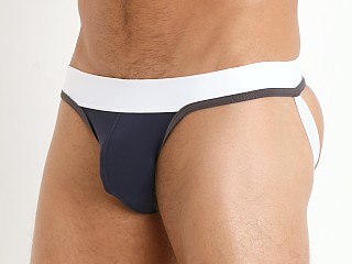 Model in navy/grey/white Tulio Slinky Power Pouch 3-Way Jock Thong