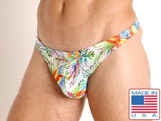 Model in bright macaws LASC Brazil Swim Thong