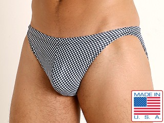 Model in black gingham checks LASC Super Low Rise Swim Brief