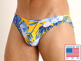 Model in blue hibiscus LASC St. Tropez Low Rise Swim Brief