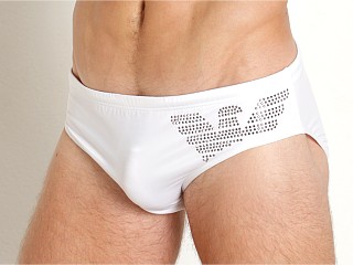 Model in white Emporio Armani Big Eagle Swim Brief