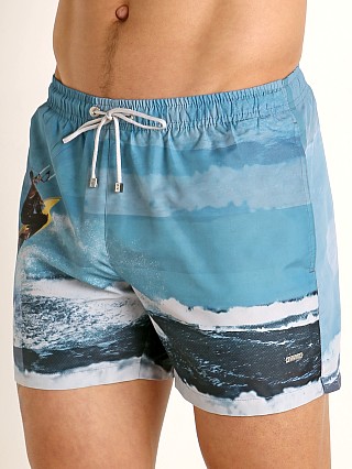 Model in surfer print Hugo Boss Springfish Swim Shorts