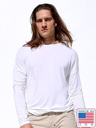 Model in white Rufskin Mel Custom Long Sleeve Kimono T-shirt