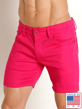 Model in fuchsia LASC Cotton Twill 5-Pocket Shorts