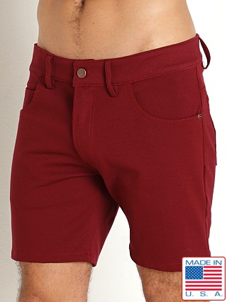 Model in merlot LASC Stretch Jersey 5-Pocket Shorts