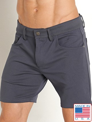 Model in charcoal LASC Stretch Jersey 5-Pocket Shorts