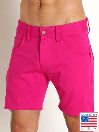 Model in ultra pink LASC Stretch Jersey 5-Pocket Shorts