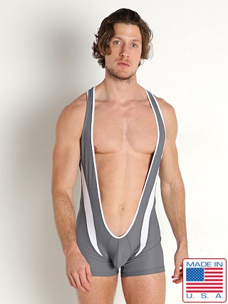 Model in charcoal LASC Performance Mesh Super Low Cut Singlet