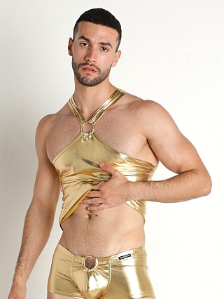 Model in gold metallic Manstore Nightclub Ring Tank Top