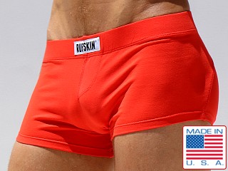 Model in burnt orange Rufskin Ryan Straight Cut Boxer Briefs