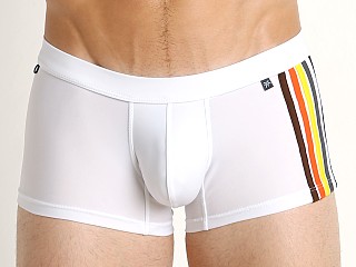 Model in white Tulio Bear Stripe Swim Trunk