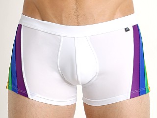 Model in white Tulio Rainbow Pride Swim Trunk