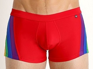 Model in red Tulio Rainbow Pride Swim Trunk