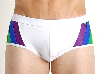 Model in white Tulio Rainbow Pride Swim Brief