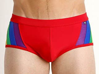 Model in red Tulio Rainbow Pride Swim Brief