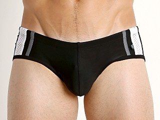 Model in black/white/grey Tulio Woven Side Stripe Swim Brief