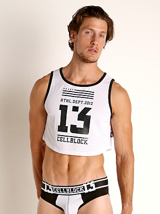 Model in white Cell Block 13 Mesh Relay Cutoff Tank Top