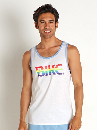 Model in white Bike Athletic Pride Tank Top