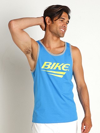 Model in ibiza blue Bike Athletic Logo Ringer Tank Top