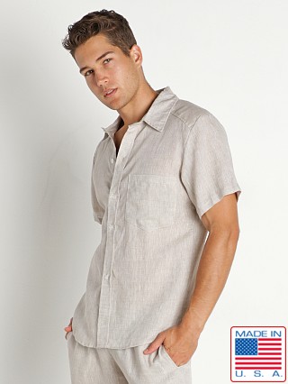 Model in natural LASC Malibu Linen Short Sleeve Shirt