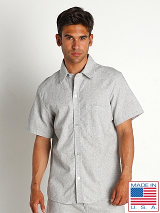 Model in charcoal LASC Linen Short Sleeve Shirt