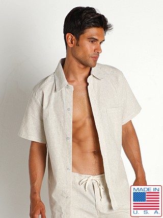 Model in natural LASC Linen Short Sleeve Shirt