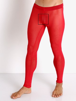 Model in red McKillop Sleek Ultra Stretch Mesh Tights