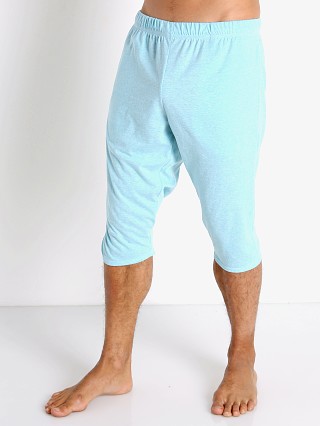 Model in aqua heather McKillop Slider Cotton/Poly Capri Shorts