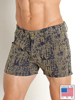 Model in khaki LASC 5-Pocket Flocked Denim 3" Shorts