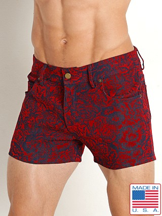 Model in red LASC 5-Pocket Flocked Denim 3" Shorts