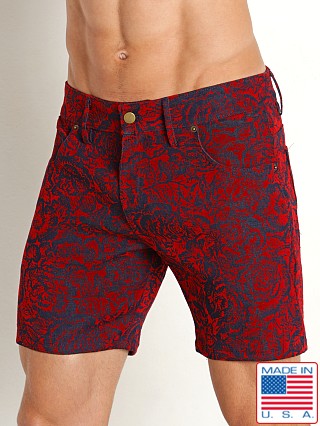 Model in red LASC 5-Pocket Flocked Denim 6" Shorts