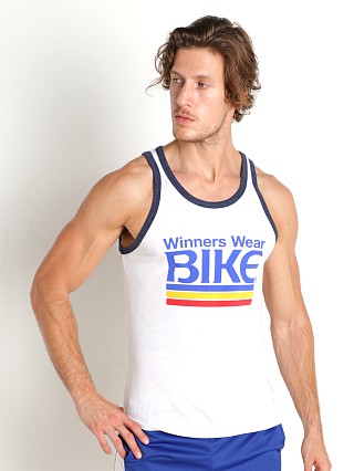 Model in white/navy Bike Athletic Logo Ringer Tank Top