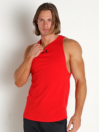 Model in red/black Under Armour Baseline Cotton Tank