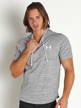 Model in onyx heather white Under Armour Rival Terry Short Sleeve Hoodie