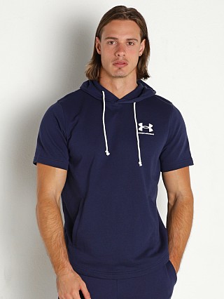 Model in midnight navy Under Armour Rival Terry Short Sleeve Hoodie