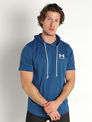 Model in petrol blue/onyx white Under Armour Rival Terry Short Sleeve Hoodie Petrol Blue