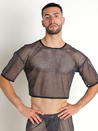 Model in black/silver Manstore Nightclub Mesh Crop Top Shirt