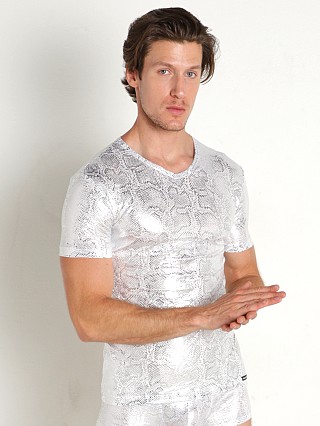 Model in silver snake Manstore Nightclub V-Neck T-Shirt