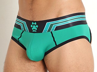 Model in green Cell Block 13 Kennel Club Bandit Open Back Jock Brief