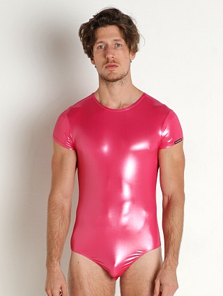 Model in fuchsia Manstore High Gloss Thong Bodysuit