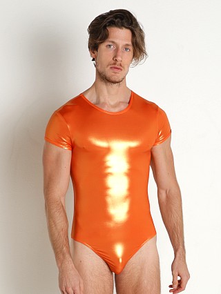 Model in orange Manstore High Gloss Thong Bodysuit