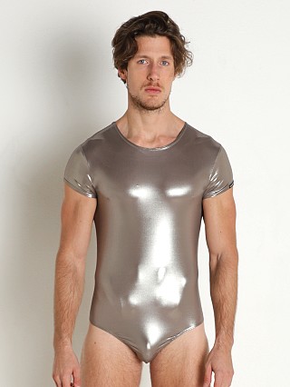 Model in platinum Manstore High Gloss Thong Bodysuit