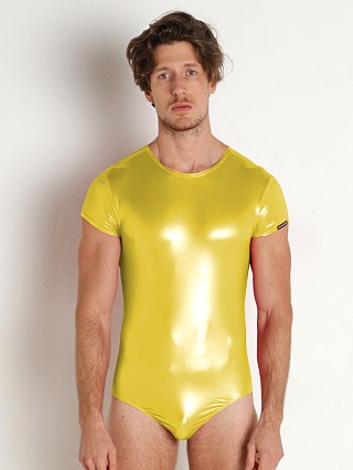 Model in yellow Manstore High Gloss Thong Bodysuit Thong