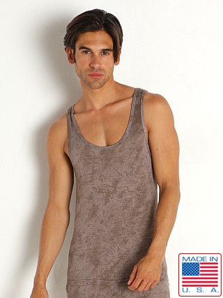 Model in taupe Rick Majors Sandstone Tank Top