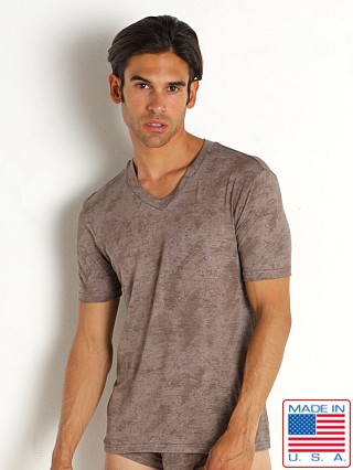 Model in taupe Rick Majors Sandstone V-Neck Tee