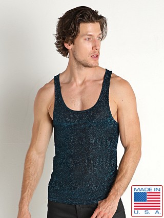 Model in teal Rick Majors Chrome Tank Top